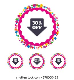 Web buttons with confetti pieces. Sale arrow tag icons. Discount special offer symbols. 30%, 50%, 70% and 90% percent off signs. Bright stylish design. Vector