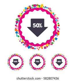 Web buttons with confetti pieces. Sale arrow tag icons. Discount special offer symbols. 50%, 60%, 70% and 80% percent discount signs. Bright stylish design. Vector
