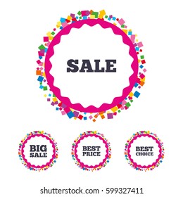 Web buttons with confetti pieces. Sale icons. Best choice and price symbols. Big sale shopping sign. Bright stylish design. Vector