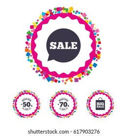 Web buttons with confetti pieces. Sale speech bubble icon. 50% and 70% percent discount symbols. Big sale shopping bag sign. Bright stylish design. Vector