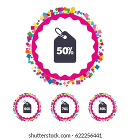 Web buttons with confetti pieces. Sale price tag icons. Discount special offer symbols. 50%, 60%, 70% and 80% percent discount signs. Bright stylish design. Vector