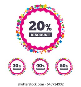 Web buttons with confetti pieces. Sale discount icons. Special offer price signs. 20, 30, 40 and 50 percent off reduction symbols. Bright stylish design. Vector