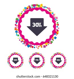 Web buttons with confetti pieces. Sale arrow tag icons. Discount special offer symbols. 30%, 50%, 70% and 90% percent discount signs. Bright stylish design. Vector