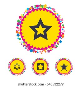 Web buttons with confetti pieces. Star of David icons. Sheriff police sign. Symbol of Israel. Bright stylish design. Vector