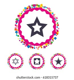 Web buttons with confetti pieces. Star of David icons. Sheriff police sign. Symbol of Israel. Bright stylish design. Vector