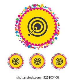 Web buttons with confetti pieces. Target aim icons. Darts board with heart and arrow signs symbols. Bright stylish design. Vector