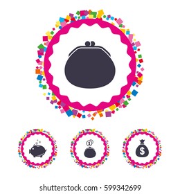 Web buttons with confetti pieces. Wallet with cash coin and piggy bank moneybox symbols. Dollar USD currency sign. Bright stylish design. Vector