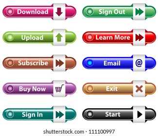 Web buttons with download, upload, subscribe, buy now, email, sign in and out icons. Isolated on white. Raster version also available.