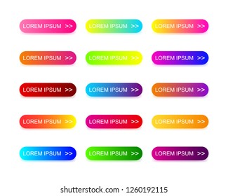 Web buttons flat design with colorful trendy gradient. Different colors icons on oval forms with shadows. Vector isolated rounded rectangular on white background. Lorem ipsum text.
