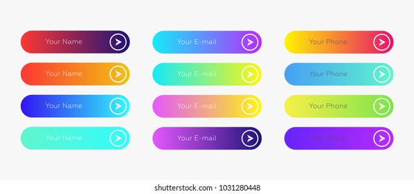 Web buttons flat design template with color gradient and thin line outline style. Vector isolated rectangular rounded web page next arrow button elements set on white background.