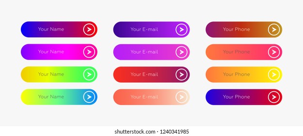 Web buttons flat design template with color gradient and thin line outline style. Vector isolated rectangular rounded web page next arrow button elements set on white background.