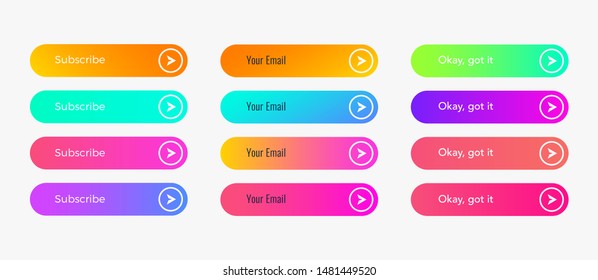 Web buttons flat design template with color gradient and thin line outline style. Vector isolated rectangular rounded web page next arrow button elements set on white background.