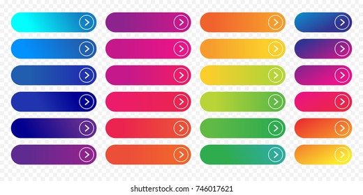 Web buttons flat design template and color gradient   thin line outline style  Vector isolated rectangular rounded web page next arrow button elements set transparent background 