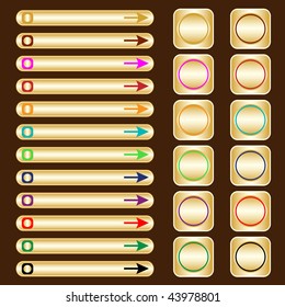 Web buttons, gold based with assorted colored arrows and shapes. Isolated on brown. Raster also available.