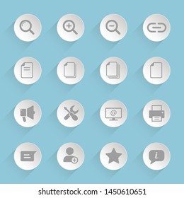web buttons gray vector icons on round puffy paper circles with transparent shadows on blue background for web, mobile and user interface design