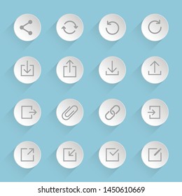 web buttons gray vector icons on round puffy paper circles with transparent shadows on blue background for web, mobile and user interface design