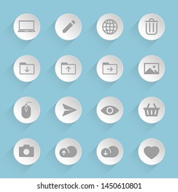 web buttons gray vector icons on round puffy paper circles with transparent shadows on blue background for web, mobile and user interface design