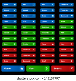 Web buttons with icons | colors - blue, green and red | vector design template | Next Back Home Download Submit Upload Search Favourite Add Remove Close Comment Email Start Events