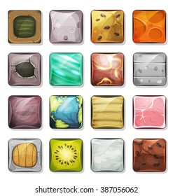 Web Buttons And Icons For Mobile App/
Illustration of a set of icons and web buttons, in wood, stone, ham, kiwi, cheese, chocolate cake, earth, schoolboard, for mobile app and game ui on tablet pc