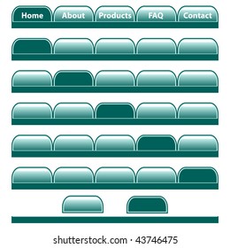 Web buttons, jade colored navigation bars with individual blank tabs. Isolated on white.