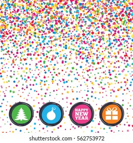 Web buttons on background of confetti. Happy new year icon. Christmas tree and gift box sign symbols. Bright stylish design. Vector