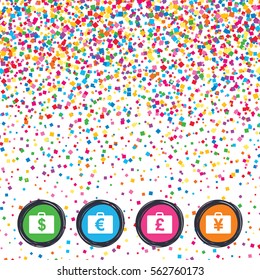 Web buttons on background of confetti. Businessman case icons. Cash money diplomat signs. Dollar, euro and pound symbols. Bright stylish design. Vector