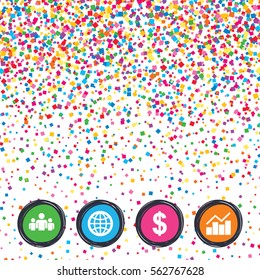 Web buttons on background of confetti. Business icons. Graph chart and globe signs. Dollar currency and group of people symbols. Bright stylish design. Vector