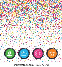 Web buttons on background of confetti. Travel icons. Sail boat with lifebuoy symbols. Cloud with sun weather sign. Palm tree. Bright stylish design. Vector