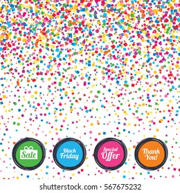 Web buttons on background of confetti. Sale icons. Special offer and thank you symbols. Gift box sign. Bright stylish design. Vector
