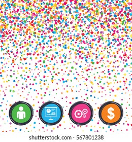 Web buttons on background of confetti. Business icons. Human silhouette and presentation board with charts signs. Dollar currency and gear symbols. Bright stylish design. Vector