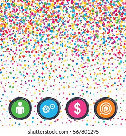 Web buttons on background of confetti. Business icons. Human silhouette and aim targer with arrow signs. Dollar currency and gear symbols. Bright stylish design. Vector