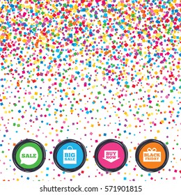 Web buttons on background of confetti. Sale speech bubble icons. Buy now arrow symbols. Black friday gift box signs. Big sale shopping bag. Bright stylish design. Vector