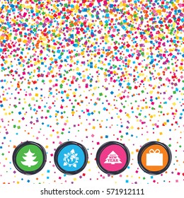 Web buttons on background of confetti. Happy new year icon. Christmas trees and gift box signs. World globe symbol. Bright stylish design. Vector