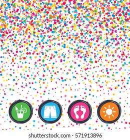 Web buttons on background of confetti. Beach holidays icons. Cocktail, human footprints and swimming trunks signs. Summer sun symbol. Bright stylish design. Vector