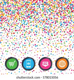 Web buttons on background of confetti. Online shopping icons. Smartphone, shopping cart, buy now arrow and internet signs. WWW globe symbol. Bright stylish design. Vector