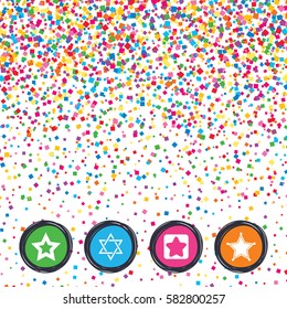 Web buttons on background of confetti. Star of David icons. Sheriff police sign. Symbol of Israel. Bright stylish design. Vector