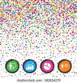 Web buttons on background of confetti. Diagram graph Pie chart icon. Presentation billboard symbol. Man standing with pointer sign. Bright stylish design. Vector