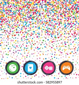 Web buttons on background of confetti. Bowling and Casino icons. Video game joystick and playing card with dice symbols. Entertainment signs. Bright stylish design. Vector