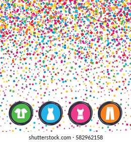 Web buttons on background of confetti. Clothes icons. T-shirt with business tie and pants signs. Women dress symbol. Bright stylish design. Vector
