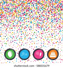 Web buttons on background of confetti. Birthday party icons. Cake and gift box signs. Air balloon and fireworks symbol. Bright stylish design. Vector