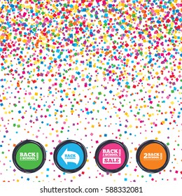 Web buttons on background of confetti. Back to school sale icons. Studies after the holidays signs. Pencil symbol. Bright stylish design. Vector