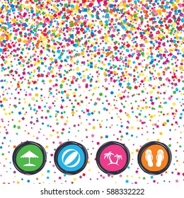Web buttons on background of confetti. Beach holidays icons. Ball, umbrella and flip-flops sandals signs. Palm trees symbol. Bright stylish design. Vector