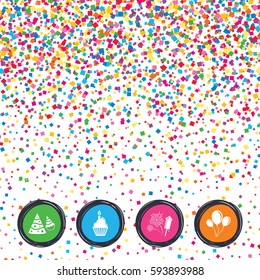 Web buttons on background of confetti. Birthday party icons. Cake, balloon, hat and muffin signs. Fireworks with rocket symbol. Cupcake with candle. Bright stylish design. Vector