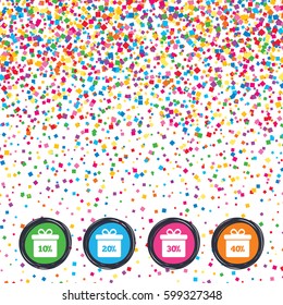 Web buttons on background of confetti. Sale gift box tag icons. Discount special offer symbols. 10%, 20%, 30% and 40% percent discount signs. Bright stylish design. Vector