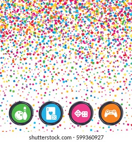 Web buttons on background of confetti. Bowling and Casino icons. Video game joystick and playing card with dice symbols. Entertainment signs. Bright stylish design. Vector