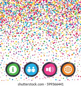 Web buttons on background of confetti. Information sign. Group of people and speaker volume symbols. Internet globe sign. Communication icons. Bright stylish design. Vector