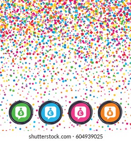 Web buttons on background of confetti. Money bag icons. Dollar, Euro, Pound and Yen speech bubbles symbols. USD, EUR, GBP and JPY currency signs. Bright stylish design. Vector