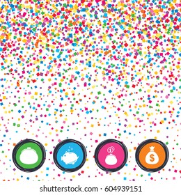 Web buttons on background of confetti. Wallet with cash coin and piggy bank moneybox symbols. Dollar USD currency sign. Bright stylish design. Vector