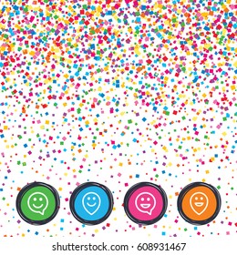 Web buttons on background of confetti. Happy face speech bubble icons. Smile sign. Map pointer symbols. Bright stylish design. Vector