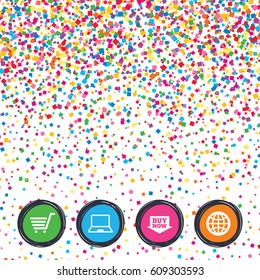 Web buttons on background of confetti. Online shopping icons. Notebook pc, shopping cart, buy now arrow and internet signs. WWW globe symbol. Bright stylish design. Vector